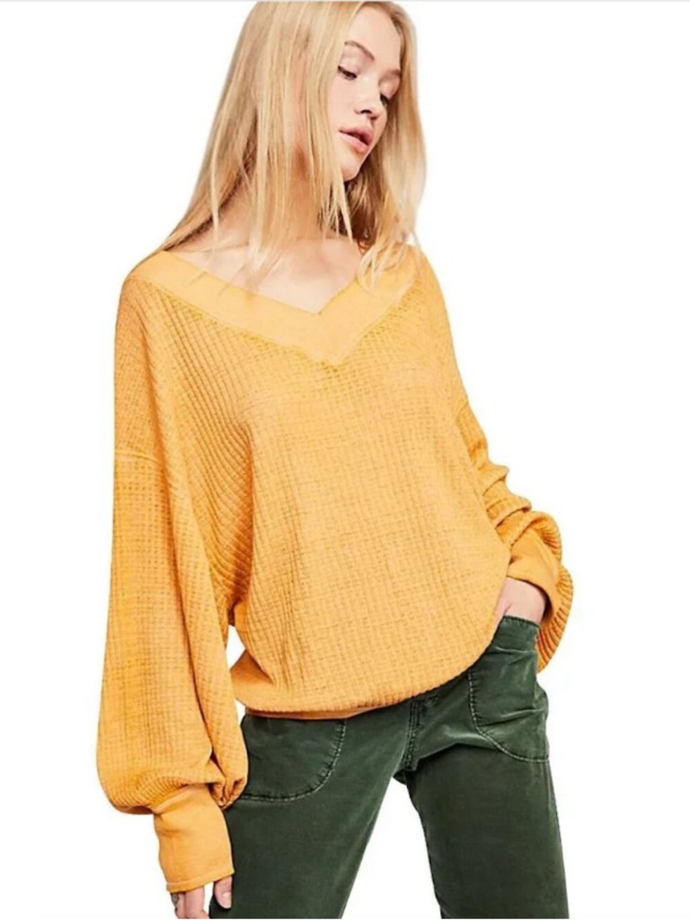 We The Free | South Side Thermal Waffle Knit Top Yellow M